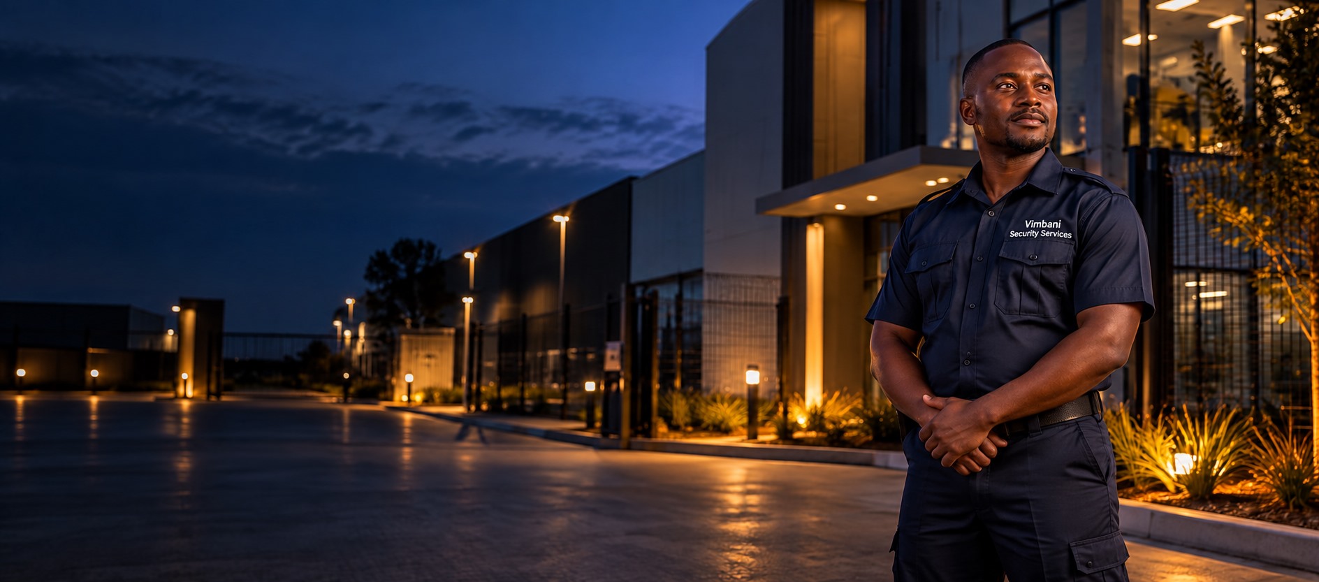 Illustrative photograph of a security professional outside a commercial property